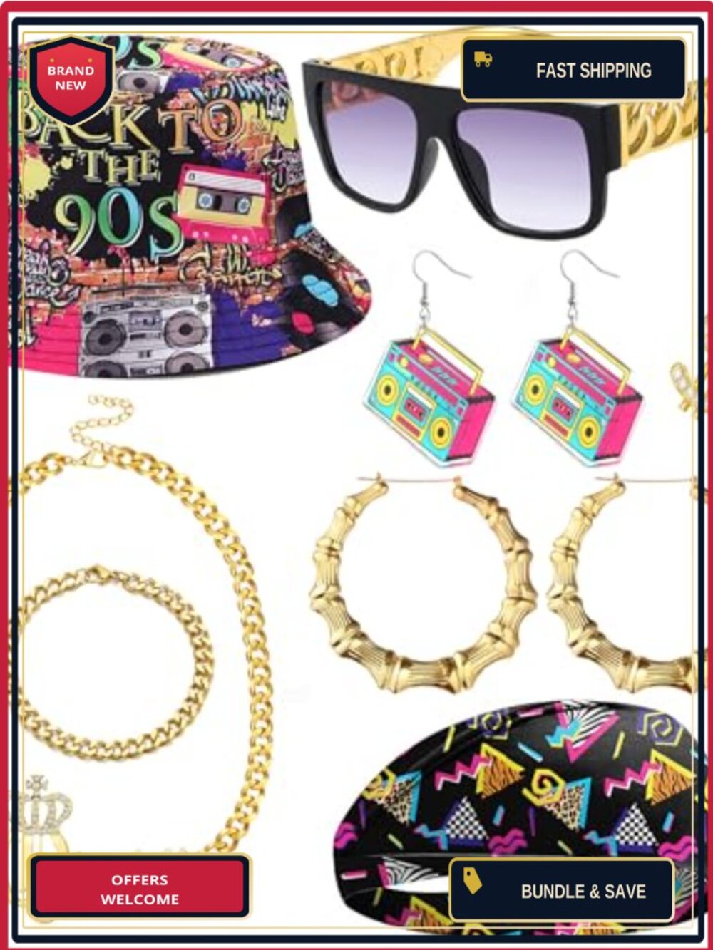 80s 90s Hip Hop Costume Accessory Set Retro Rapper Jewelry Hat
